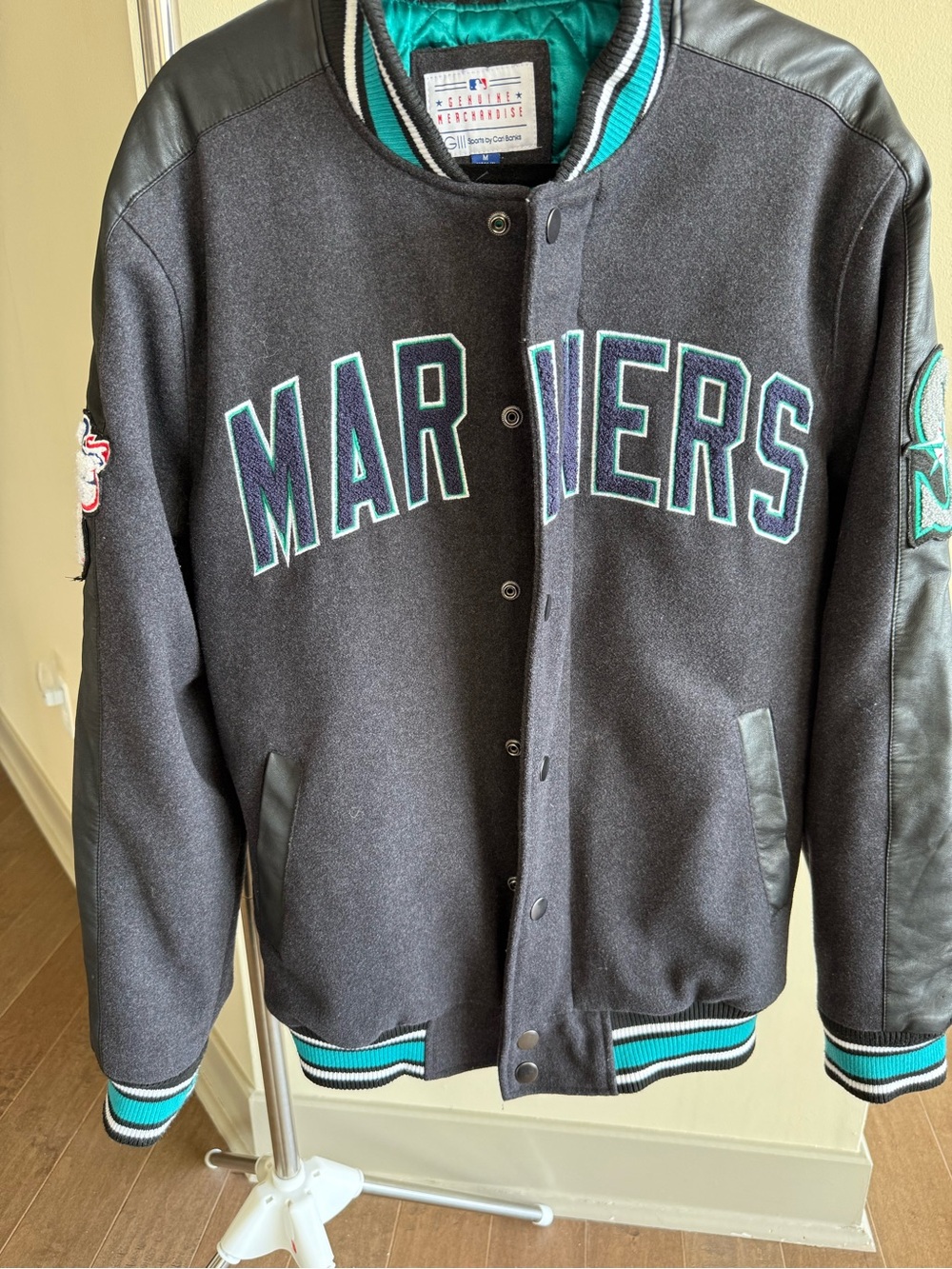 Seattle Mariners Black Wool & Leather Varsity Jacket with Teal Trim